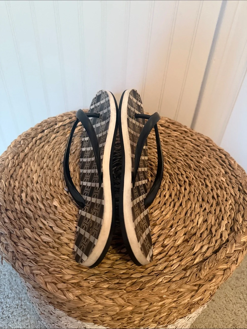 Tory Burch Black & White Logo Pattern Flip Flops